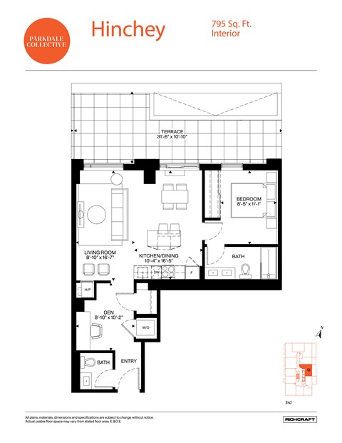 Floor plan for 1 bed, 1.5 baths, 795 sqft